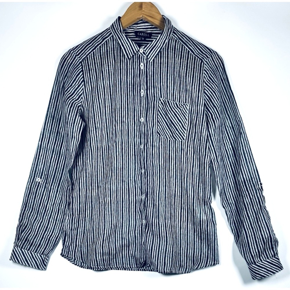 Caroll Paris Top Women 38 Black White Stripe Lightweight Roll Tab French Style